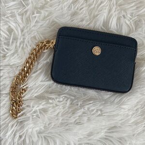 Michael Kors Dark Blue Saffiano Leather Card Holder with Gold Chain